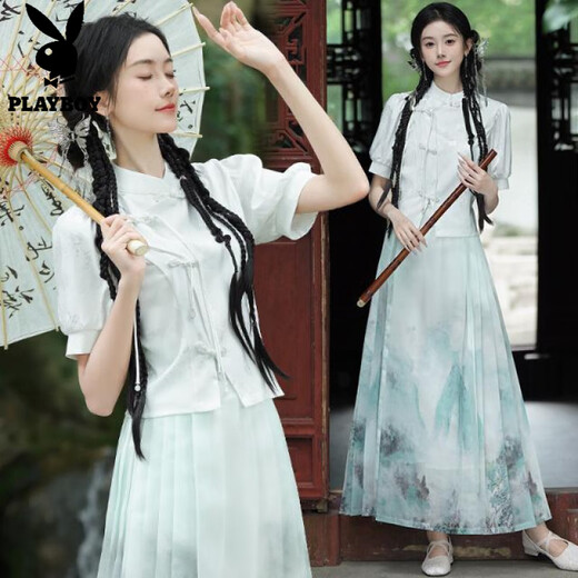
Playboy; PLAYBOY new Chinese jacquard retro stand collar button Chinese style short-sleeved top one-piece national trend printed horse-face skirt suit for women 2375 white + 2396 green + 12187 white M