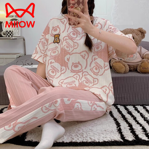 猫人（MiiOW）春秋睡衣女夏季薄款纯棉短袖长裤两件套装宽松全棉休闲女士家居服 SSM-6625 L 【95-120斤】