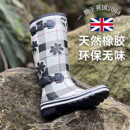 EVERCREATURES英国雨鞋惠灵顿雨靴防滑水鞋女 时尚雨鞋橡胶格子印花高筒 女款 格子高筒 38