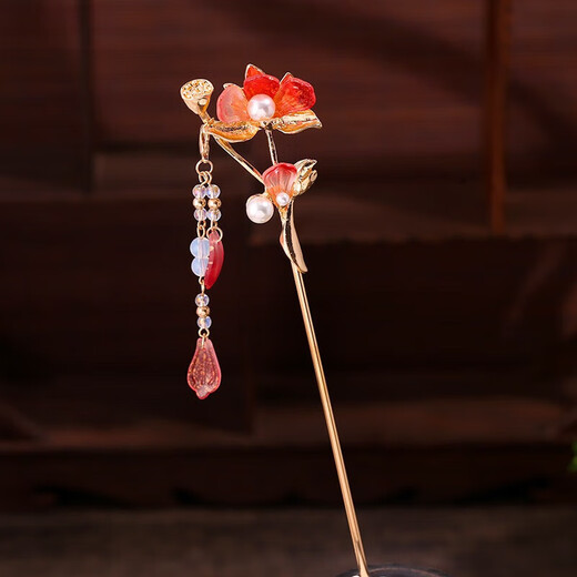 Shijun (SHIJUN) lotus hairpin, ancient style flower tassel hairpin, red ancient costume fairy hair accessories cheongsam 2025 new style