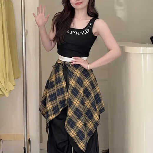CEENIU Plaid Butt Curtain Women's Hip Covering Artifact Hem Layered Wear Casual Style Skirt One-piece Lace-up Butt Curtain Skirt Black and Yellow Checkered Shirt Skirt One Size