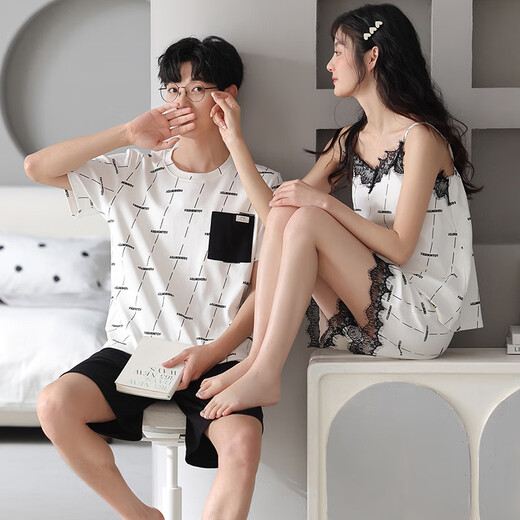Heyu 2 set price pajamas summer cotton short-sleeved sexy suspender pajamas women's thin men's home wear set HC-9902 170 women's M + men's L