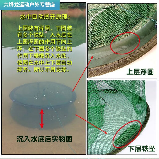 Shushe Fish Net, Shrimp Cage, Folding Fish Catch, Automatic Eel, Loach, and Lobster Net, Large Fishing Net, Ground Net, Round, All-Round 6 Holes 50CM, 3 Bait Free