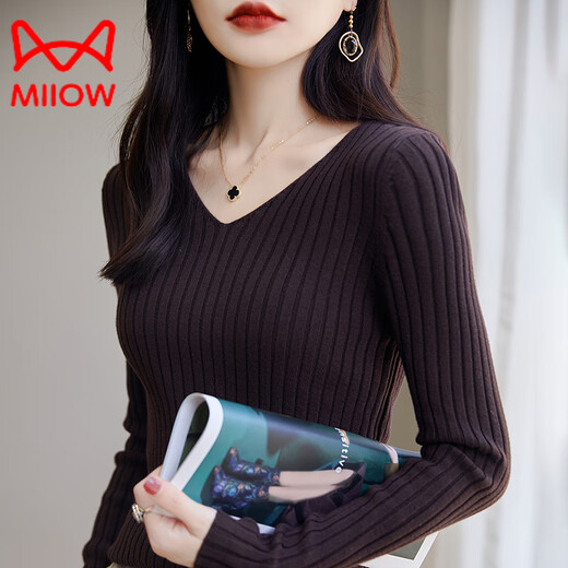 猫人（MiiOW）轻奢修身全棉恤女长袖纯棉领短款上衣春装内搭外穿针织打底衫秋 白色 S