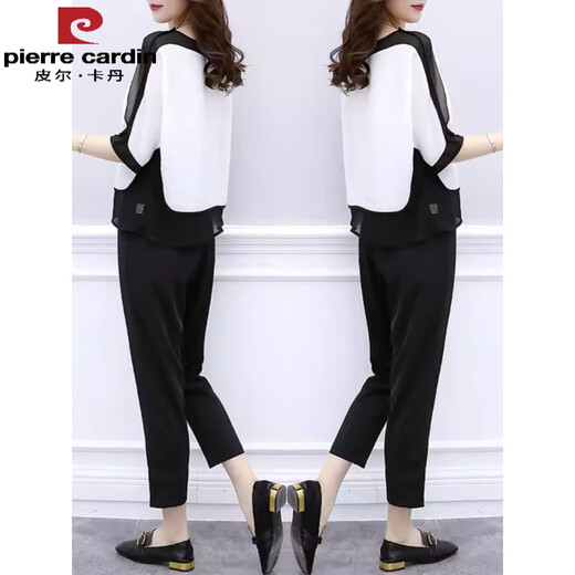Pier Cardin Traje de moda pequeño para mujeres en verano, estilo femenino y reductor de la edad, pantalones delgados y sueltos de nueve puntos para mujeres. White <9928> M <sugerido 80-100>
