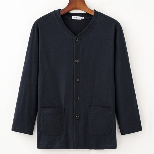 Dad wear cotton long-sleeved shirt men's shirt thin cardigan T-shirt middle-aged and elderly men's clothing grandpa spring and autumn summer pure cotton lapel m1342 Navy blue M 80-110Jin [Jin equals 0.5 kg]