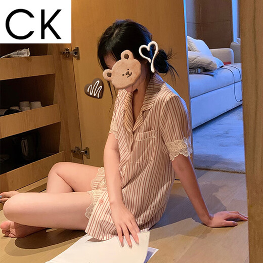 CK蕾丝条纹冰丝睡衣女春夏ins风高颜家居服可外穿 LW-9207【面料】 L 【建议100-115斤】