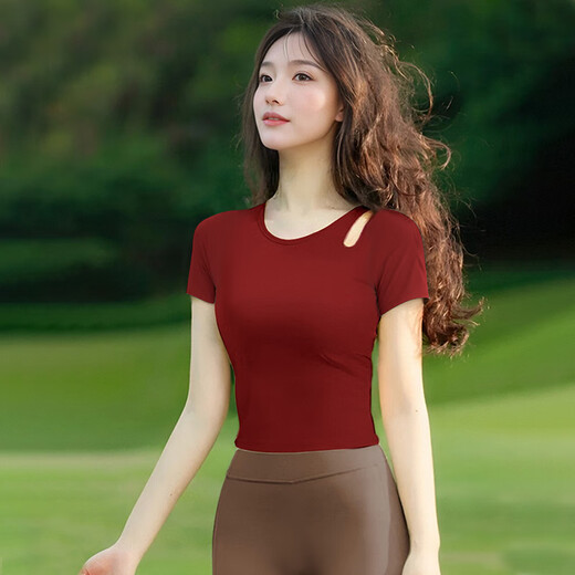 Shuangxiu Yoga Tops and Vests for Women with Good Looks Ankara Red New Style Nude Breathable Pilates Sports Fitness Wear Ankara Red Short Sleeves S _(90-100)