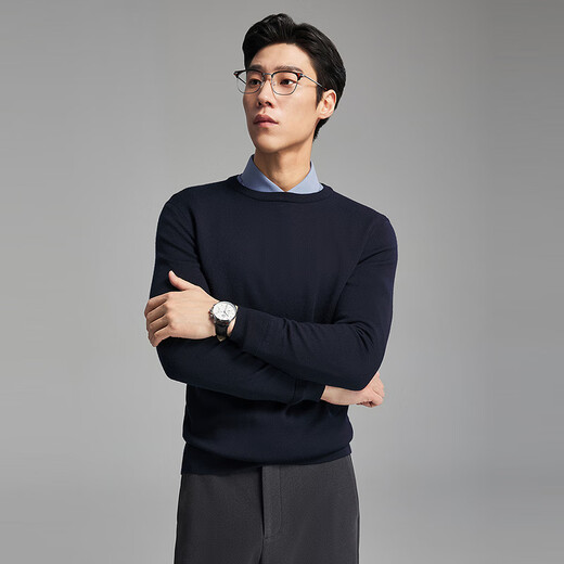 YOUNGOR Youngor machine washable 100% wool 2025 autumn and winter new round neck pullover solid color bottoming sweater, navy 105cm