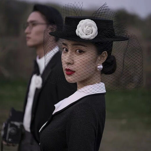 Gisela Hepburn style hat French flat top Hepburn style hat for women retro British court evening dress photo studio photo tour mesh-black adult 57cm