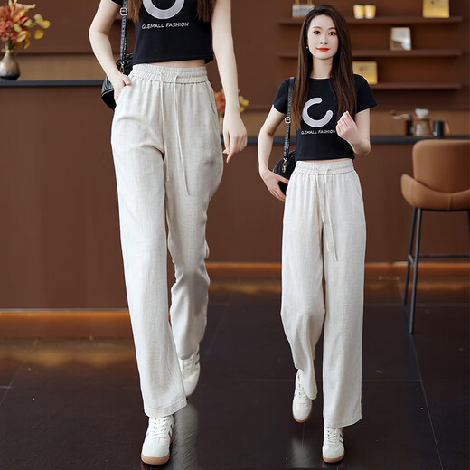 黛姿茹天丝亚麻阔腿裤女夏季薄款2025新款宽松直筒休闲裤子轻薄透气女裤 粉色 3XL (31) 推荐135-145斤