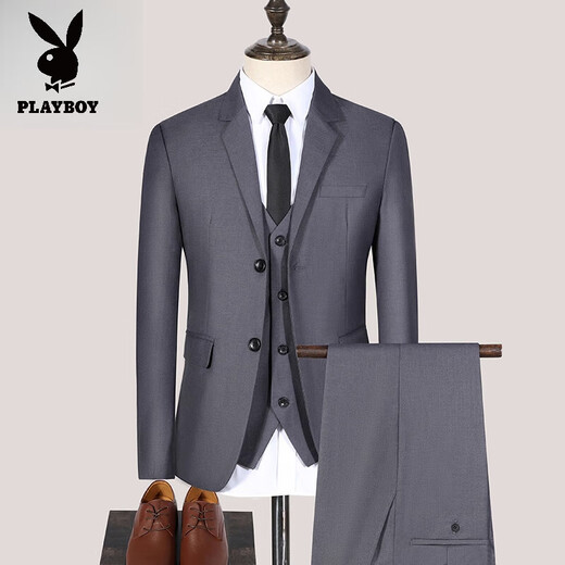 花花公子（PLAYBOY）西装套装男士礼服上衣休闲西服韩版修身商务小西装男外套 二扣藏青色西装+西裤+马甲 三件 S 【80斤左右】