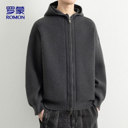 ROMON Knitted Sweater Cardigan Autumn Trendy Hooded Men's Jacket Loose Casual Warm Wool Clothes ST26 Black Gray XL