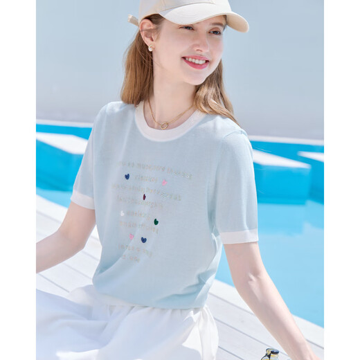 百图betu女装2025夏季新款毛针织衫撞色领字母印花短袖上衣女2505X26 浅兰 L