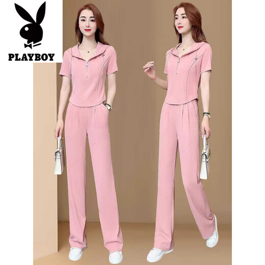 花花公子（PLAYBOY）小香风运动服套装女2025夏季新款时髦感上衣垂感阔腿裤两件套 黑色【上衣+裤子】好质量套装-旗 M 【建议80-95斤】