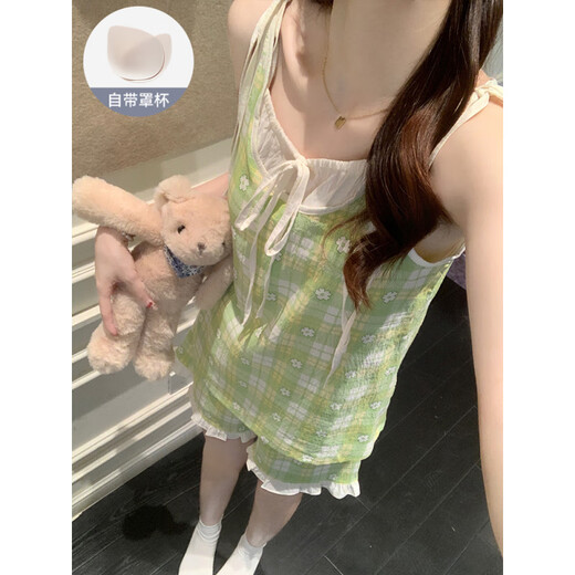 Mengluan Plaid Little Flower Pyjamas pour les femmes en été mince de poitrine avec poitrine sexy mignon short à suspension 2025 Vêtements à la maison T1381 Polka Doll Puppy Belt amovable poitrine PAD 2XL