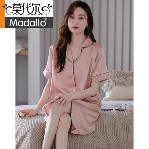 
Modal nightgown for women in summer ice silk short sleeve thin shirt cardigan pajama skirt feeling summer simulated silk mid skirt 9902 wheat flour L