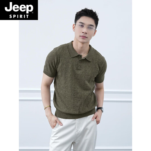 JEEP SPIRIT美拉德咖色棉麻纹理感针织polo.衫男夏季成熟稳重收腰正肩短袖t恤 咖啡色 M