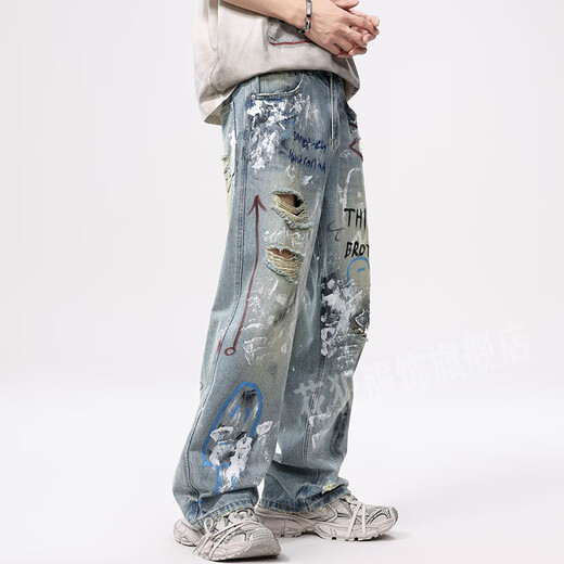 Fleurs New American Street Graffiti Color Light Ripped PEWTET Jeans Men Straight Low-Leg-Leg Men Tendance Light Bleu 3897 S