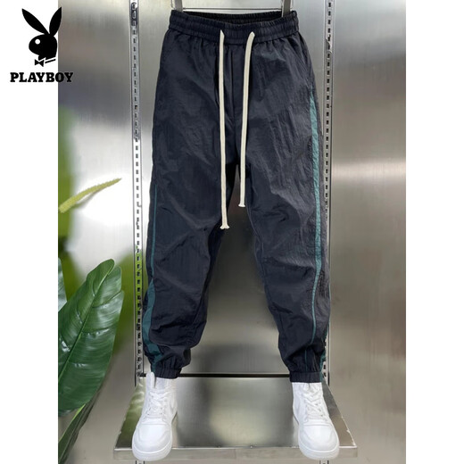 花花公子（PLAYBOY）秋季潮流速干九分裤男士拼接运动休闲裤时尚潮牌百搭束脚哈伦裤子 绿条 L