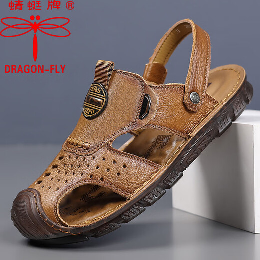 Dragonfly brand top layer cowhide bag sandals men's new leather summer beach shoes soft sole beef tendon sole dad sandals two wear 6908 brown 41