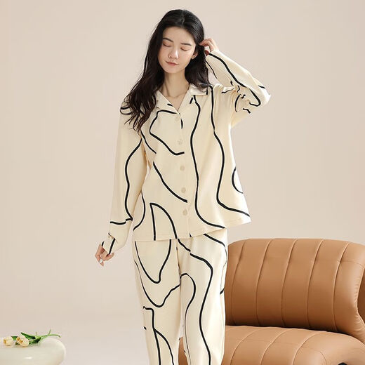 雅鹿睡衣女春秋季纯棉长袖简约休闲翻领开衫秋纯棉家居服套装 PLD-Y1137 9226 L 【建议100-120斤穿】