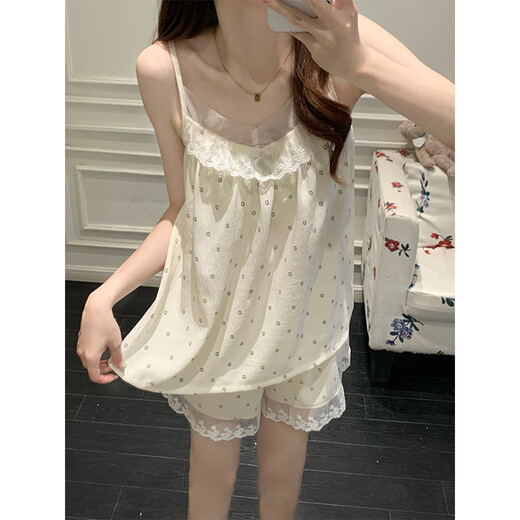 梦鸾吊带睡衣女夏季2025年新款性感纯欲带胸垫蕾丝花边甜美家居服套装 B834 蕾丝小花 固定胸垫 M