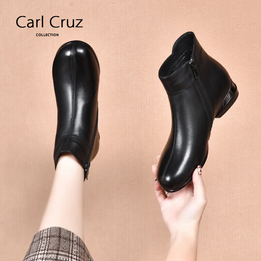 Carl Cruz品牌小短靴女圆头软皮2024春夏新款裸靴春秋单靴低跟加绒平底靴子 黑色-单里 20 预售订金，单拍不发货