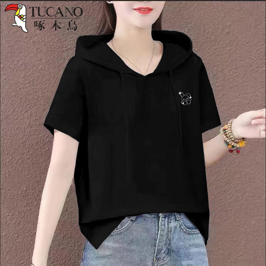 Camiseta con capucha de algodón puro de carpintero para el verano de algodón para mujeres Nuevo diamante de moda de moda de moda de moda de moda de moda con un gran tamaño suelto de tensión delgada, negro delgado-oso inglés delgado M (recomendado para estar dentro de 100 Jin [Jin iguala 0.5 kg])