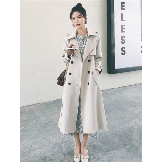 
AEMAPE high-end brand windbreaker jacket for women mid-length 2025 spring and autumn new slim and slim temperament British style coat off-white M (recommended 105-115Jin [Jin equals 0.5 kg])