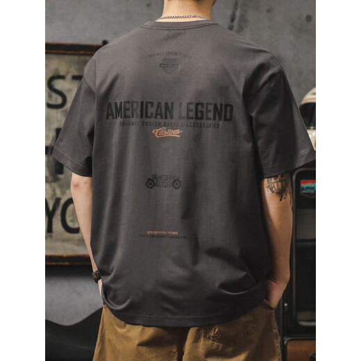 LA海澜之家HLA同款三本针潮牌短袖t恤男夏季宽松大码纯棉体恤美式复古机车印花半袖 HST1518深灰色 M 100-120斤