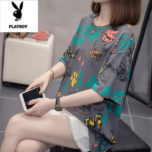 
Playboy (PLAYBOY) plus size to cover the belly and make it look slim top for women 2025 summer new fat mm casual loose cotton short-sleeved T-shirt for women 6627 blue M about 80-95
