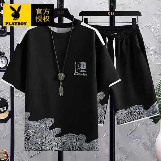 花花公子（PLAYBOY）夏季短袖t恤休闲运动套装男士加大码短裤2025新款一套半袖上衣服 693米+大字母裤 M