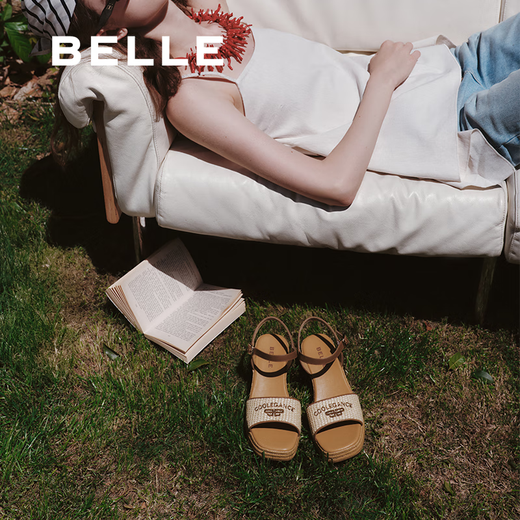 Belle Braided Resort Style Casual Sandals Women's Shopping Mall Thick-soled Wedge Sandals D6J1DBL5 Apricot 36 (230mm)