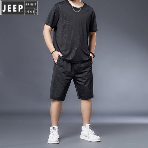 JEEP SPIRIT冰丝速干t恤男胖子肥佬加肥加大码男装夏季休闲运动短袖短裤套装 9922一套 3XL