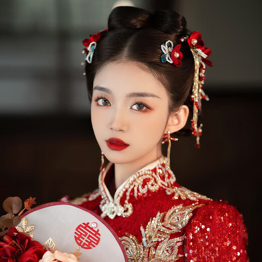 Dingjing Bride Xiuhe Clothing Engagement Xiuhe Headdress Wedding Chinese Red Phoenix Crown Couple Toast Clothing Head Flower Certification Props