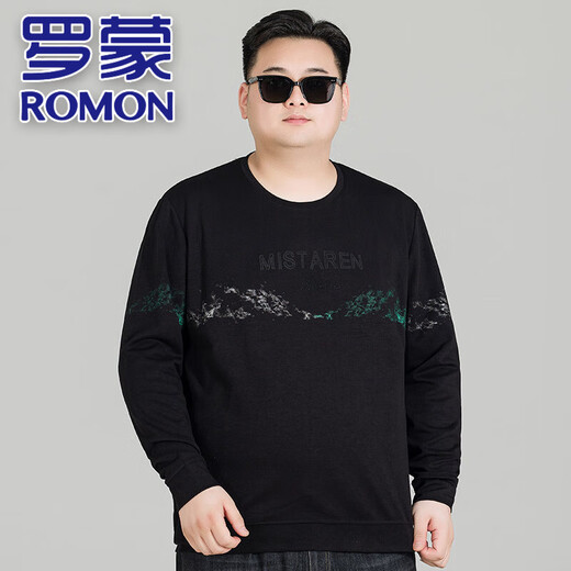 罗蒙（ROMON）轻奢加肥加大圆领男士长袖T恤卫衣胖子男装大码宽松休闲套头上衣 9855黑色 7XL (建议250-270斤)