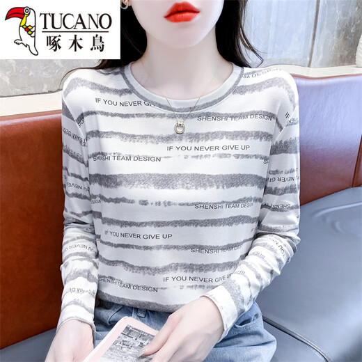Specht Nischenbrief drucken reine Baumwoll-Langarm-T-Shirt für Frauen im Herbst und Winter Neuer innerer Basishemd 1703 Weiß + DD1396 Khaki S für 70-89Jin [Jin gleich 0,5 kg]