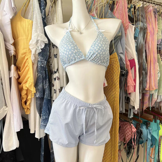 Mu Ni bikini swimsuit for women Thai sexy hottie seaside vacation split push-up blouse four-piece set long-sleeved hot spring blue one size fits all recommended 70-120 Jin Jin equals 0.5 kg