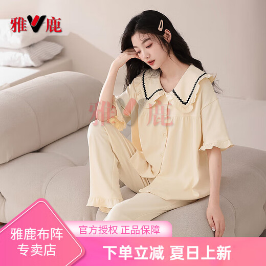 雅鹿短袖长裤睡衣女士春夏季薄款纯棉休闲开衫甜美家居服莱卡套装 CTWM6227莱卡棉女款睡衣 M