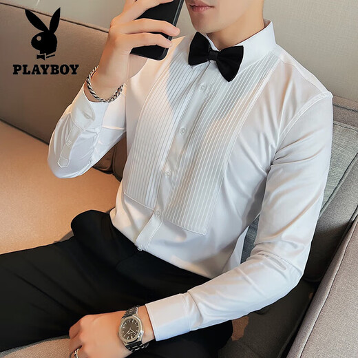 Playboy (PLAYBOY) groom wedding long-sleeved shirt men's fashion pleated dress shirt trendy slim men's wedding banquet performance shirt white XL