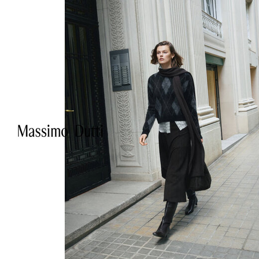 Massimo Dutti Autumn and Winter New Products 2025 Women's Retro Versatile College Style Argyle Sweater Round Neck Sweater 05768923 Black XS (CN 165/84A)