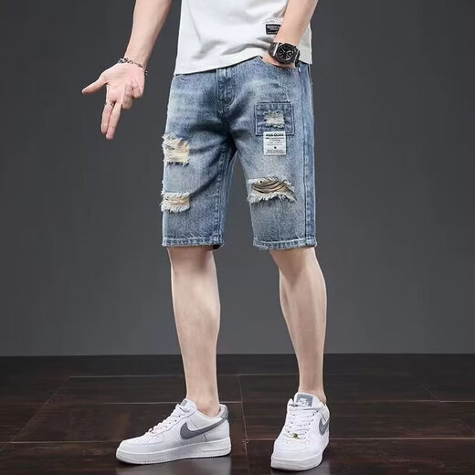 唐号破洞牛仔短裤男夏季薄款宽松直筒五分裤潮牌ins男士休闲5分中裤子 6190蓝色 蓝色 32