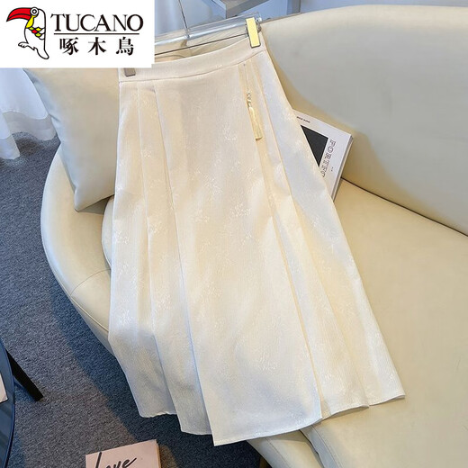 Woodpecker New Chinese Style National Style Jacquard Skirt Women's Spring High Waist Slim A-Line Pleated Skirt Back Elastic Waist Temperament Horse Face Skirt Off-White High Quality S 100Jin Jin is equal to 0.5 kg within