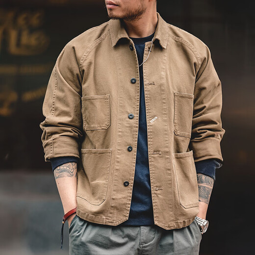Madden Workwear American Retro Heavy Jacket Men's Paris Button Vintage Lapel Men's Jacket Spring and Autumn Thin Brown Loose/Casual Style/Clothes Men's L