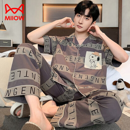 
Cat Man (MiiOW) pajamas men summer pure cotton short-sleeved trousers thin men's cute cartoon 2025 new student home clothing set Flagship store-694 L