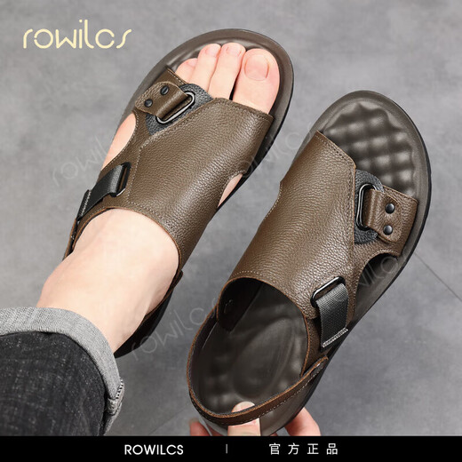 Rowilcs Sandalen Herren 2025 Neuer Sommer lässig Outdoor Dad Dad Beach Schuhe Anti-Rutsch-Kee-resistente weiche Sohle Dual-Purple-Leder-Sandalen YF-23321 Black 38