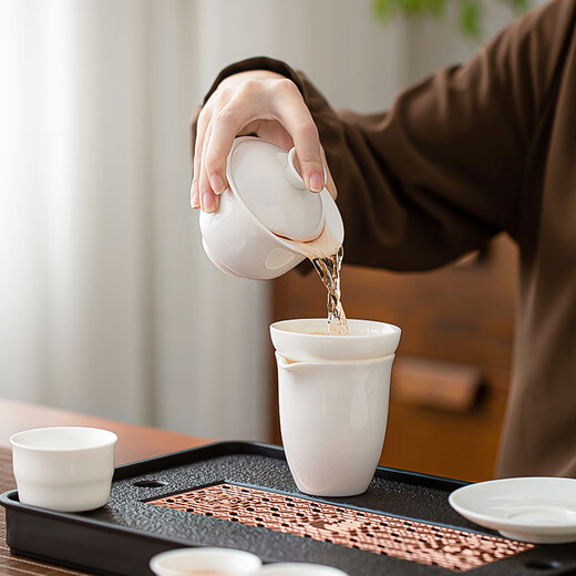SUSHI CERAMICS Suet Jade White Porcelain Kung Fu Tea Set Hover Cover Bowl Tea Tray Tea Set Home Office Gift Affordable Group Purchase
