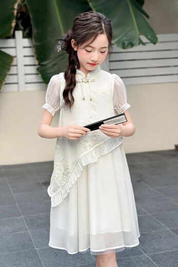 Nuevo estilo de vestido chino para niñas para niñas de moda y de moda Summer Nuevo chino Sweet Children's Vestido Off White 170