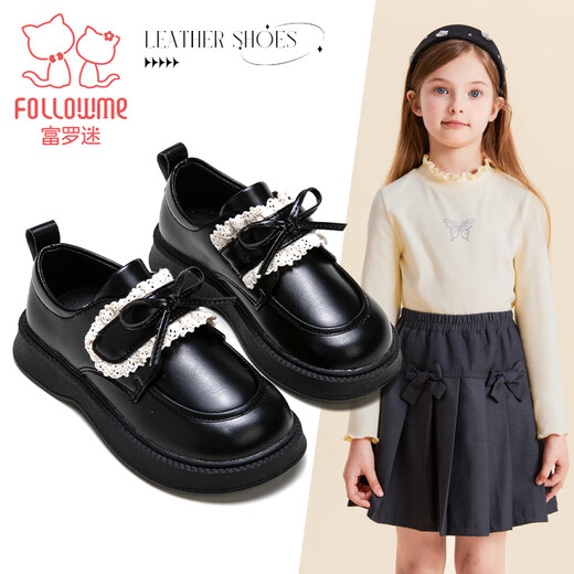 Fuluo Mi Girls' Leather Shoes Spring and Autumn Fashionable and Versatile Black Single Shoes for Middle-aged and Older Children Campus Performance Fashion Shoes Black 30